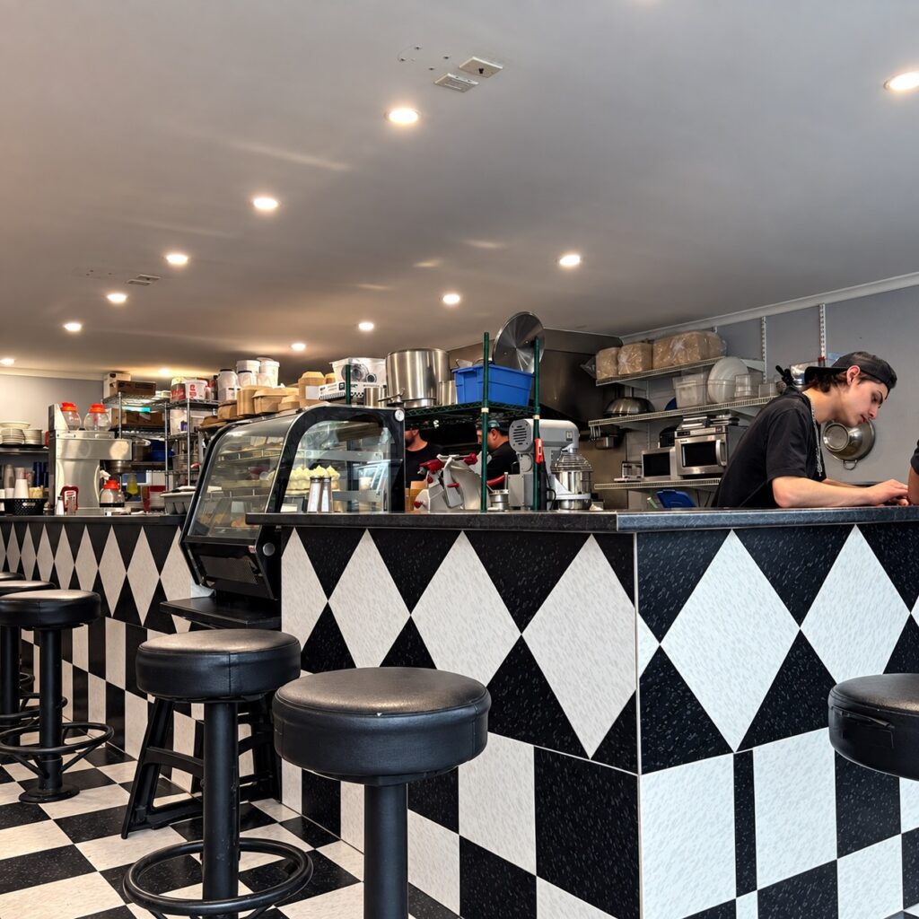 The counter and open kitchen at Mary & Larry’s Diner in Truro